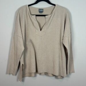 Arula Womens Beige Ribbed Cropped Long Dolman Sleeve V-Neck Top Size X (XL) Boho